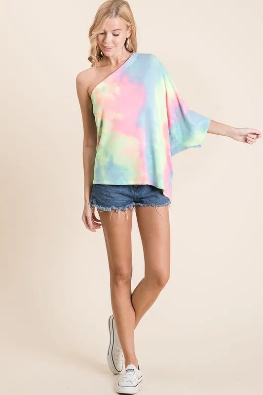 BiBi Tie Dye French Terry One Shoulder Top with Dolman - Bitsy Gypsy Boutique