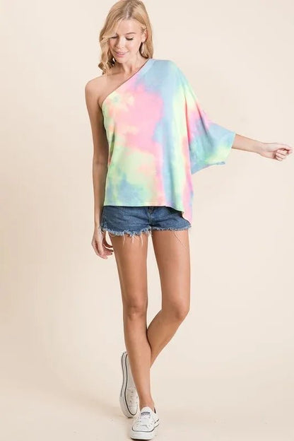 BiBi Tie Dye French Terry One Shoulder Top with Dolman - Bitsy Gypsy Boutique