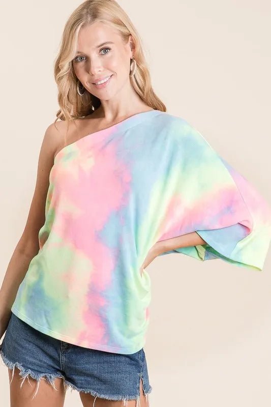 BiBi Tie Dye French Terry One Shoulder Top with Dolman - Bitsy Gypsy Boutique