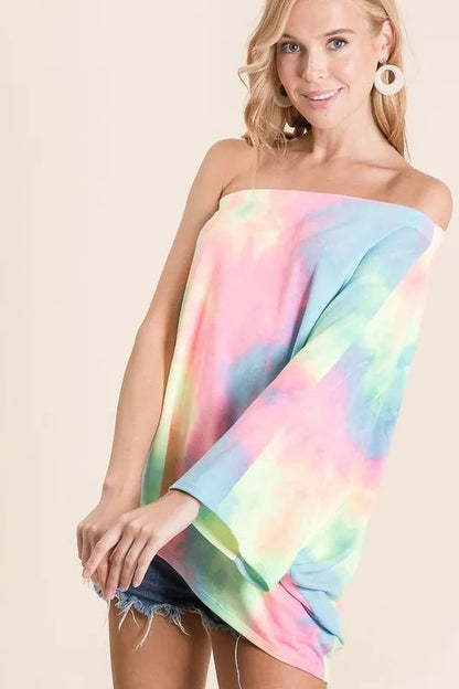 BiBi Tie Dye French Terry One Shoulder Top with Dolman - Bitsy Gypsy Boutique