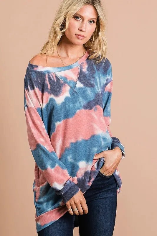 BiBi Tie Dye French Terry Pull Over with Front Stitching Detail - Bitsy Gypsy Boutique