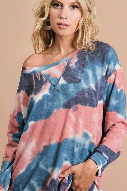 BiBi Tie Dye French Terry Pull Over with Front Stitching Detail - Bitsy Gypsy Boutique