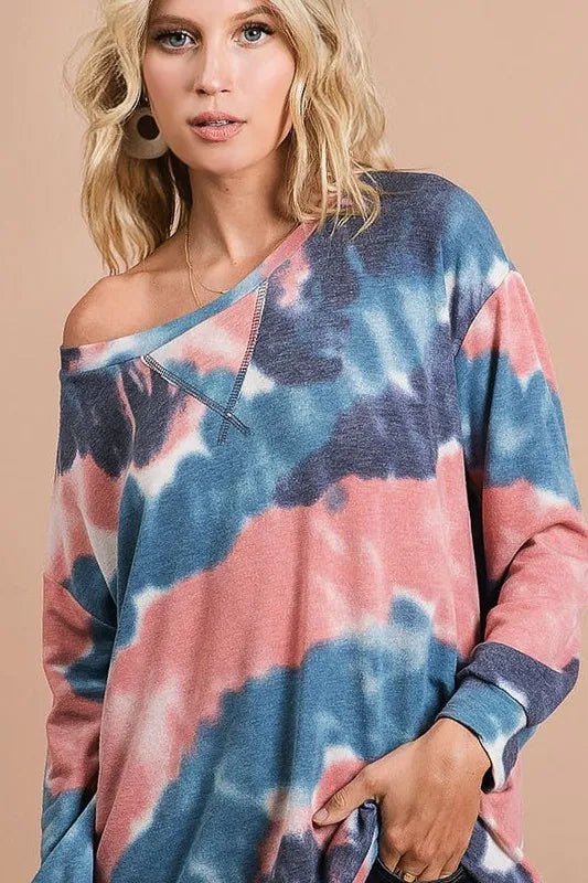 BiBi Tie Dye French Terry Pull Over with Front Stitching Detail - Bitsy Gypsy Boutique
