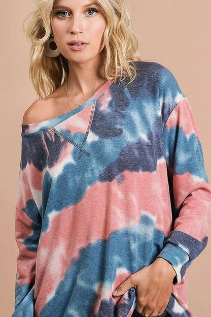BiBi Tie Dye French Terry Pull Over with Front Stitching Detail - Bitsy Gypsy Boutique