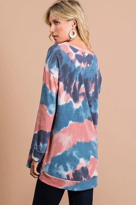 BiBi Tie Dye French Terry Pull Over with Front Stitching Detail - Bitsy Gypsy Boutique
