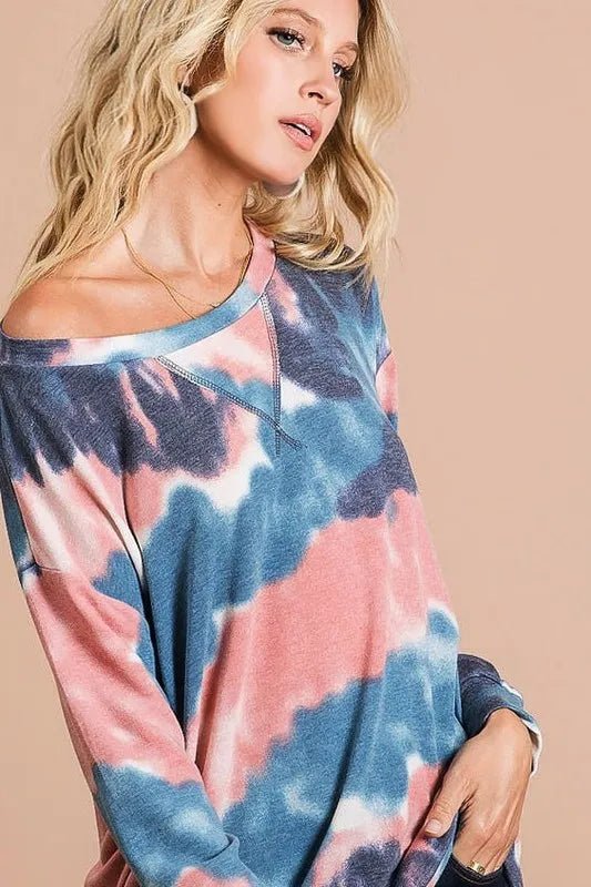BiBi Tie Dye French Terry Pull Over with Front Stitching Detail - Bitsy Gypsy Boutique