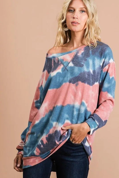 BiBi Tie Dye French Terry Pull Over with Front Stitching Detail - Bitsy Gypsy Boutique