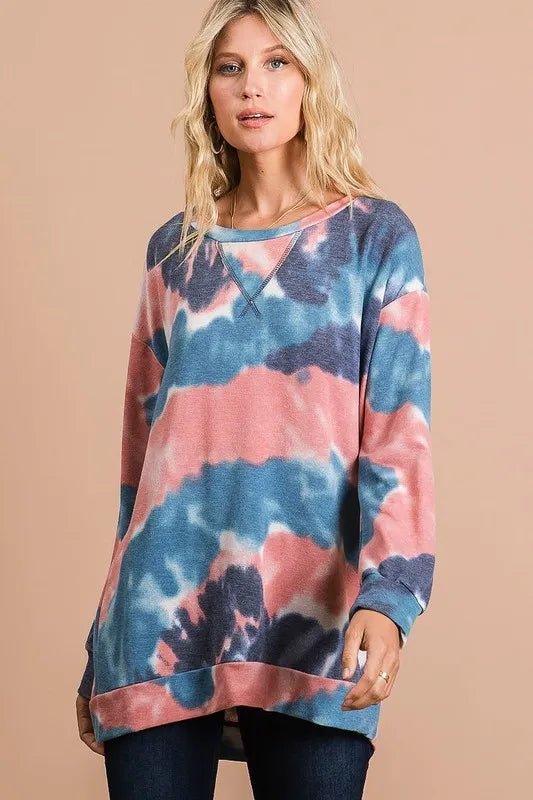 BiBi Tie Dye French Terry Pull Over with Front Stitching Detail - Bitsy Gypsy Boutique
