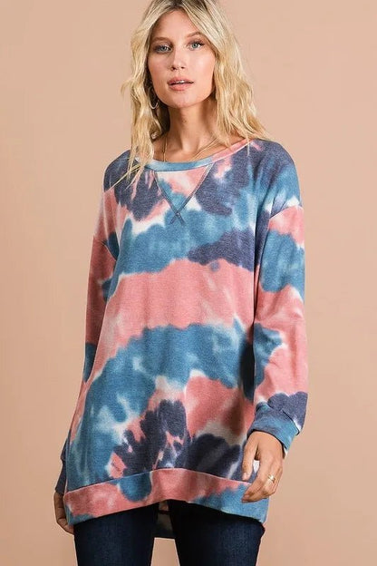 BiBi Tie Dye French Terry Pull Over with Front Stitching Detail - Bitsy Gypsy Boutique