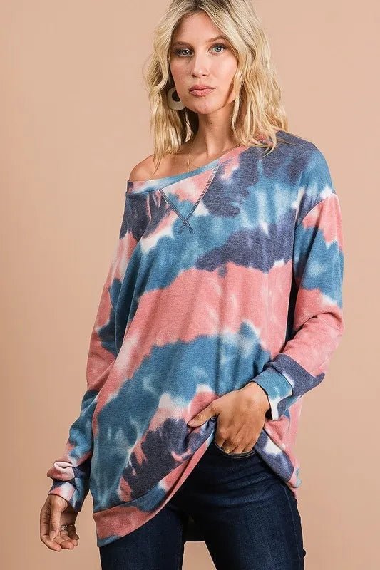 BiBi Tie Dye French Terry Pull Over with Front Stitching Detail - Bitsy Gypsy Boutique