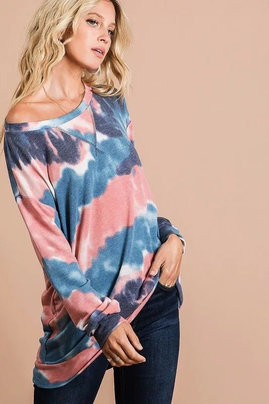 BiBi Tie Dye French Terry Pull Over with Front Stitching Detail - Bitsy Gypsy Boutique