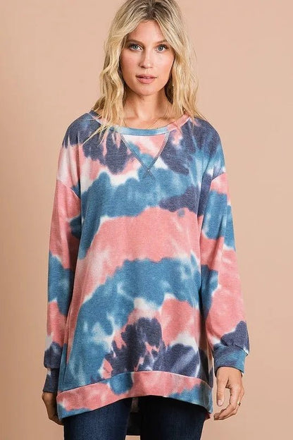 BiBi Tie Dye French Terry Pull Over with Front Stitching Detail - Bitsy Gypsy Boutique