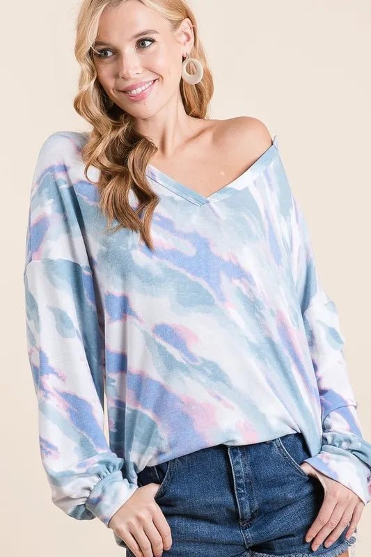BiBi Tie Dye French Terry Top with Balloon Sleeves - Bitsy Gypsy Boutique