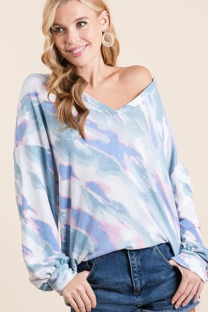 BiBi Tie Dye French Terry Top with Balloon Sleeves - Bitsy Gypsy Boutique