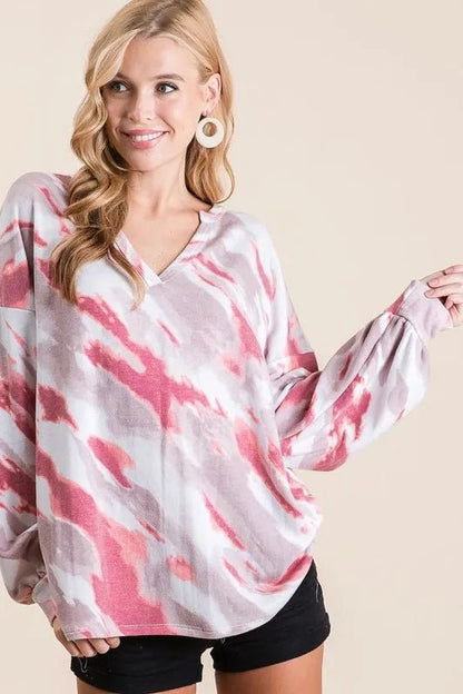 BiBi Tie Dye French Terry Top with Balloon Sleeves - Bitsy Gypsy Boutique