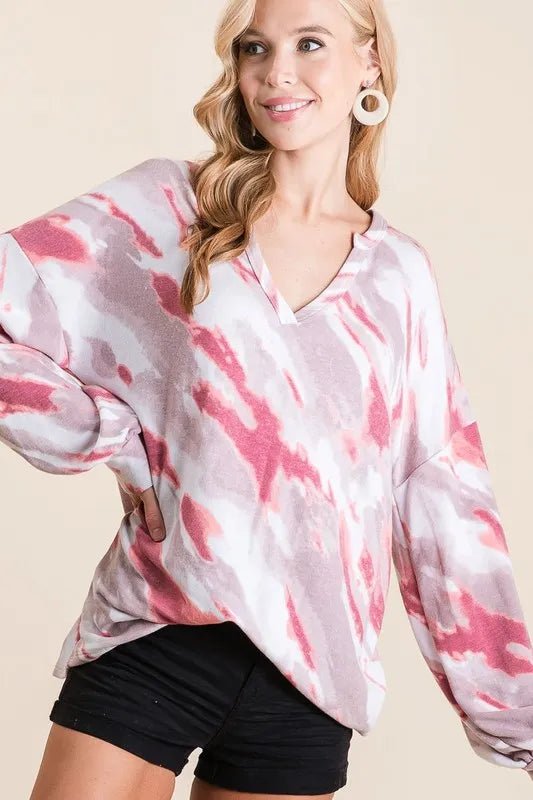 BiBi Tie Dye French Terry Top with Balloon Sleeves - Bitsy Gypsy Boutique