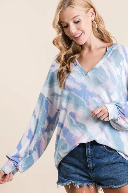 BiBi Tie Dye French Terry Top with Balloon Sleeves - Bitsy Gypsy Boutique