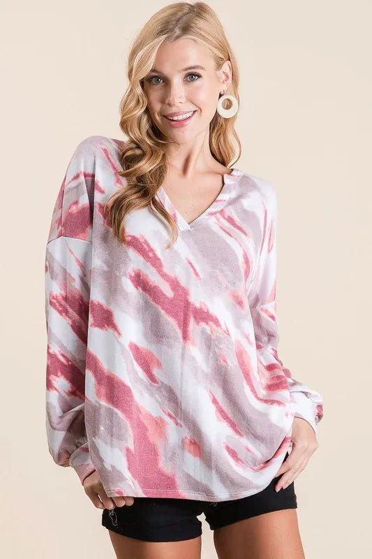 BiBi Tie Dye French Terry Top with Balloon Sleeves - Bitsy Gypsy Boutique