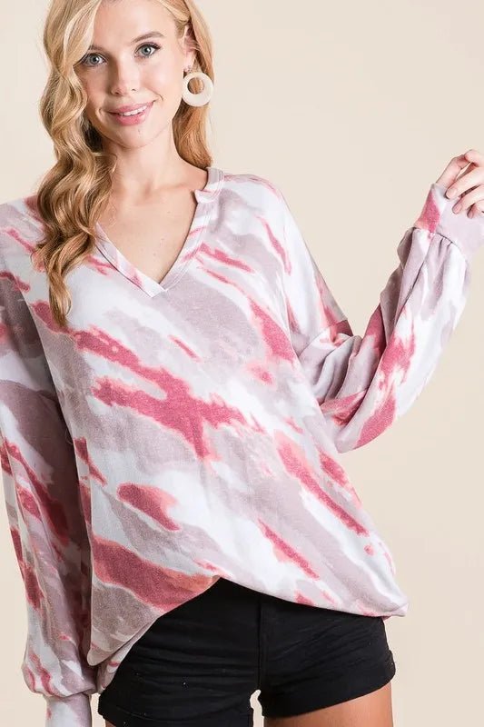 BiBi Tie Dye French Terry Top with Balloon Sleeves - Bitsy Gypsy Boutique