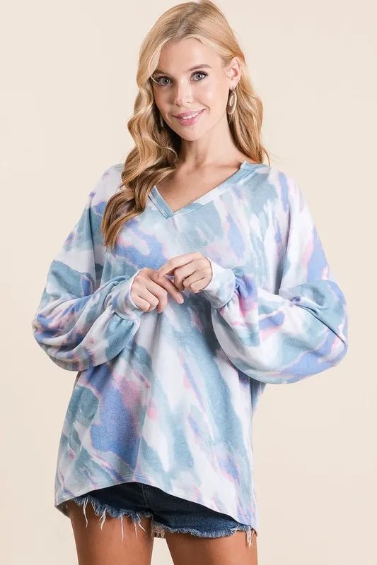BiBi Tie Dye French Terry Top with Balloon Sleeves - Bitsy Gypsy Boutique
