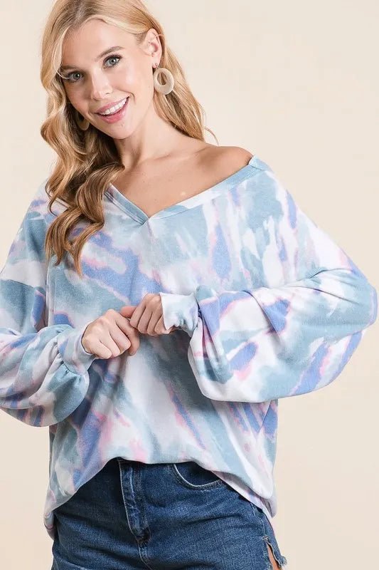 BiBi Tie Dye French Terry Top with Balloon Sleeves - Bitsy Gypsy Boutique