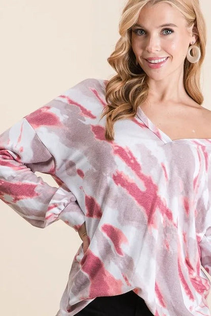 BiBi Tie Dye French Terry Top with Balloon Sleeves - Bitsy Gypsy Boutique