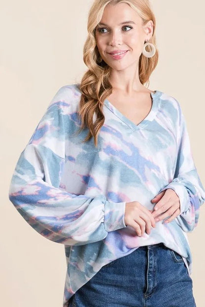 BiBi Tie Dye French Terry Top with Balloon Sleeves - Bitsy Gypsy Boutique