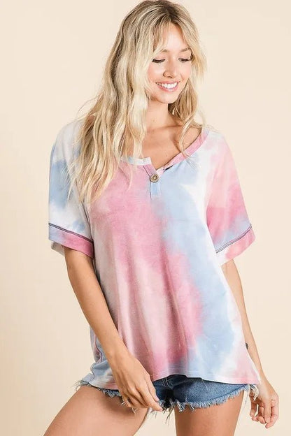 BiBi Tie Dye French Terry Top With Buttoned Placket - Bitsy Gypsy Boutique