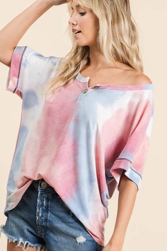 BiBi Tie Dye French Terry Top With Buttoned Placket - Bitsy Gypsy Boutique