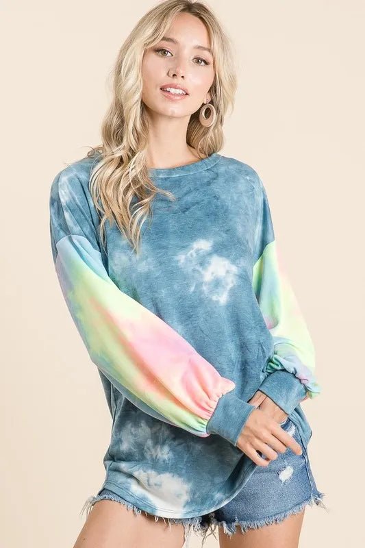 BiBi Tie Dye French Terry Top With Contrast Tie Dye - Bitsy Gypsy Boutique