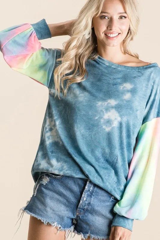 BiBi Tie Dye French Terry Top With Contrast Tie Dye - Bitsy Gypsy Boutique