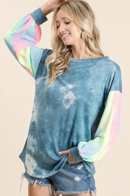 BiBi Tie Dye French Terry Top With Contrast Tie Dye - Bitsy Gypsy Boutique