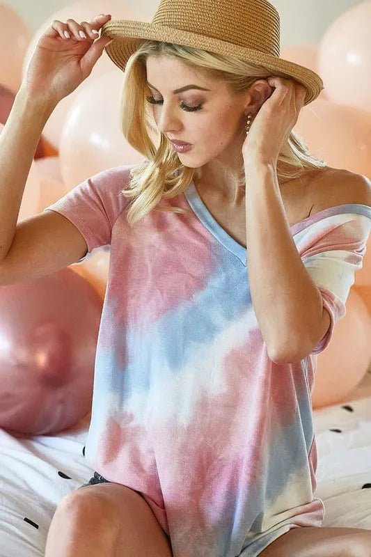 BiBi Tie Dye French Terry V Neck Top - Bitsy Gypsy Boutique