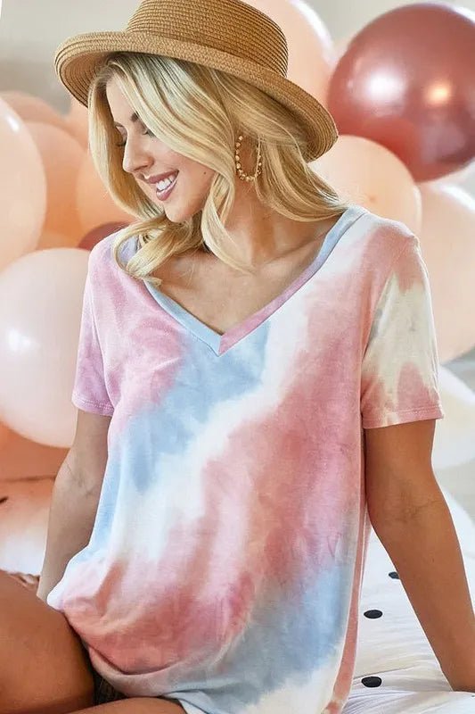 BiBi Tie Dye French Terry V Neck Top - Bitsy Gypsy Boutique