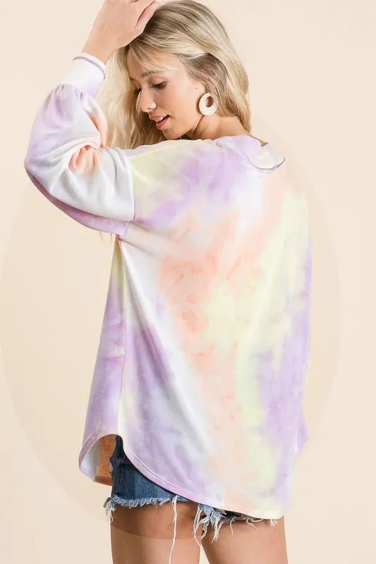 BiBi Tie Dye French Terry V - Neck Top with Puff Sleeves - Bitsy Gypsy Boutique
