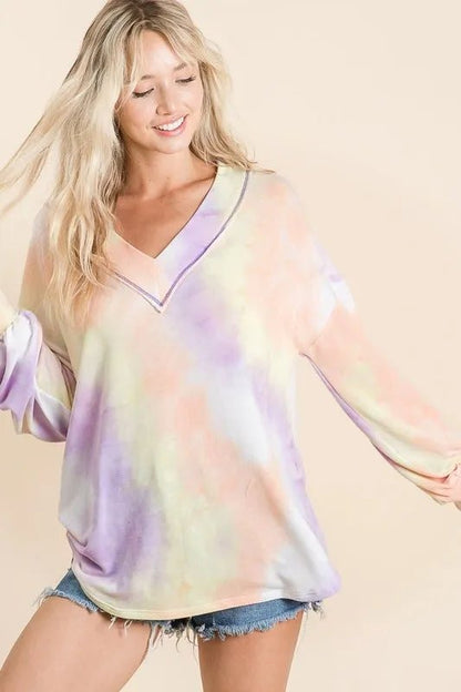 BiBi Tie Dye French Terry V - Neck Top with Puff Sleeves - Bitsy Gypsy Boutique