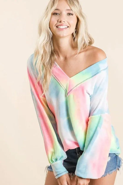 BiBi Tie Dye French Terry V - Neck Top with Puff Sleeves - Bitsy Gypsy Boutique