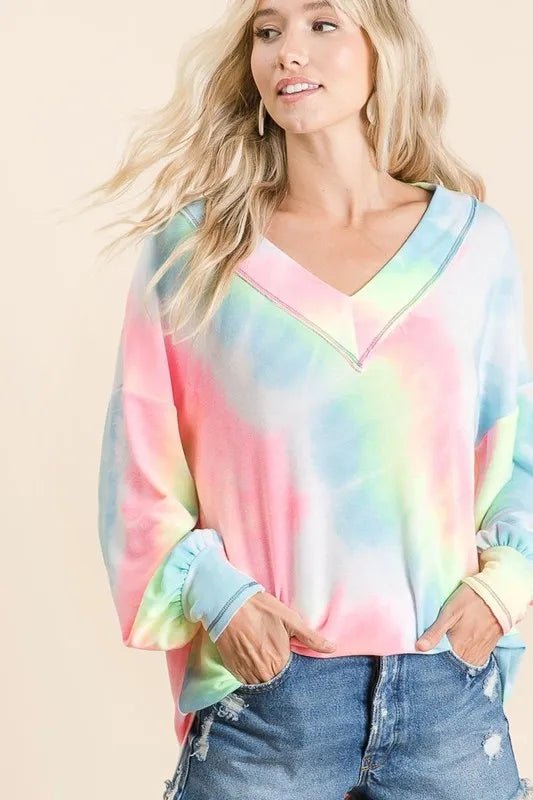 BiBi Tie Dye French Terry V - Neck Top with Puff Sleeves - Bitsy Gypsy Boutique