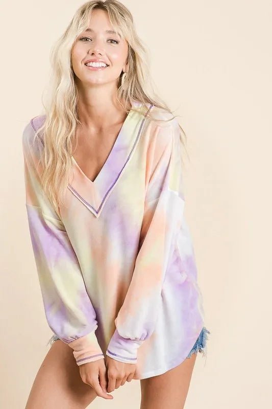 BiBi Tie Dye French Terry V - Neck Top with Puff Sleeves - Bitsy Gypsy Boutique
