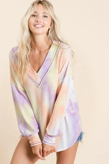 BiBi Tie Dye French Terry V - Neck Top with Puff Sleeves - Bitsy Gypsy Boutique