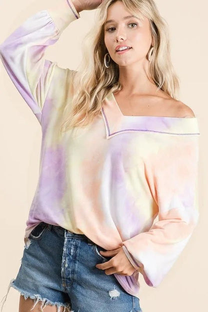 BiBi Tie Dye French Terry V - Neck Top with Puff Sleeves - Bitsy Gypsy Boutique