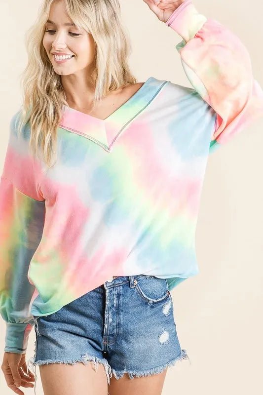 BiBi Tie Dye French Terry V - Neck Top with Puff Sleeves - Bitsy Gypsy Boutique