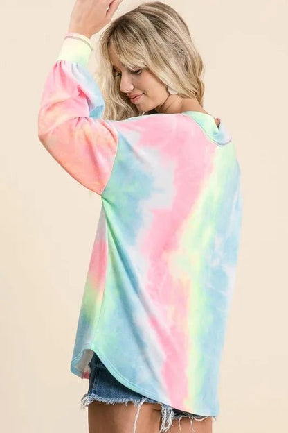 BiBi Tie Dye French Terry V - Neck Top with Puff Sleeves - Bitsy Gypsy Boutique