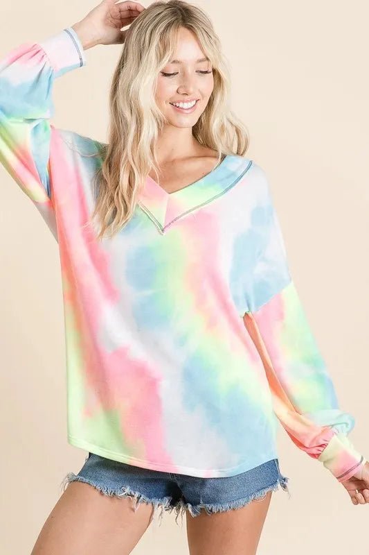BiBi Tie Dye French Terry V - Neck Top with Puff Sleeves - Bitsy Gypsy Boutique