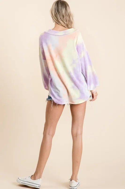 BiBi Tie Dye French Terry V - Neck Top with Puff Sleeves - Bitsy Gypsy Boutique
