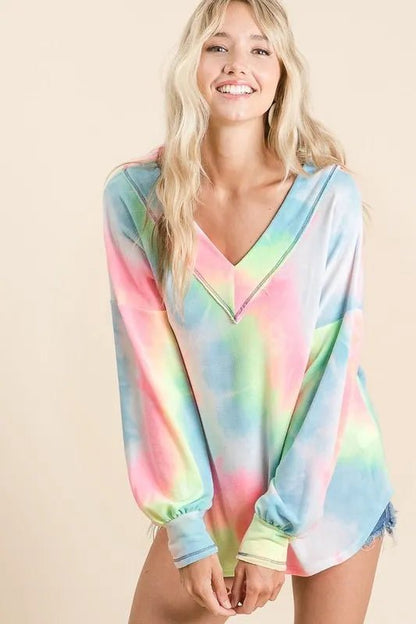 BiBi Tie Dye French Terry V - Neck Top with Puff Sleeves - Bitsy Gypsy Boutique