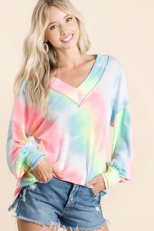 BiBi Tie Dye French Terry V - Neck Top with Puff Sleeves - Bitsy Gypsy Boutique