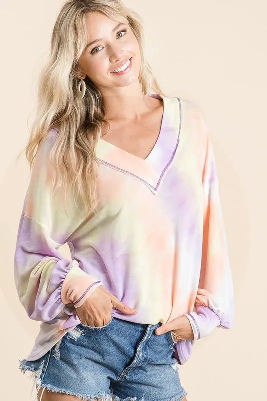 BiBi Tie Dye French Terry V - Neck Top with Puff Sleeves - Bitsy Gypsy Boutique