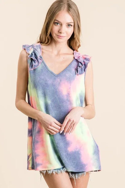BiBi Tie Dye French Terry V Neck Top with Ruffle - Bitsy Gypsy Boutique