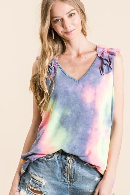 BiBi Tie Dye French Terry V Neck Top with Ruffle - Bitsy Gypsy Boutique